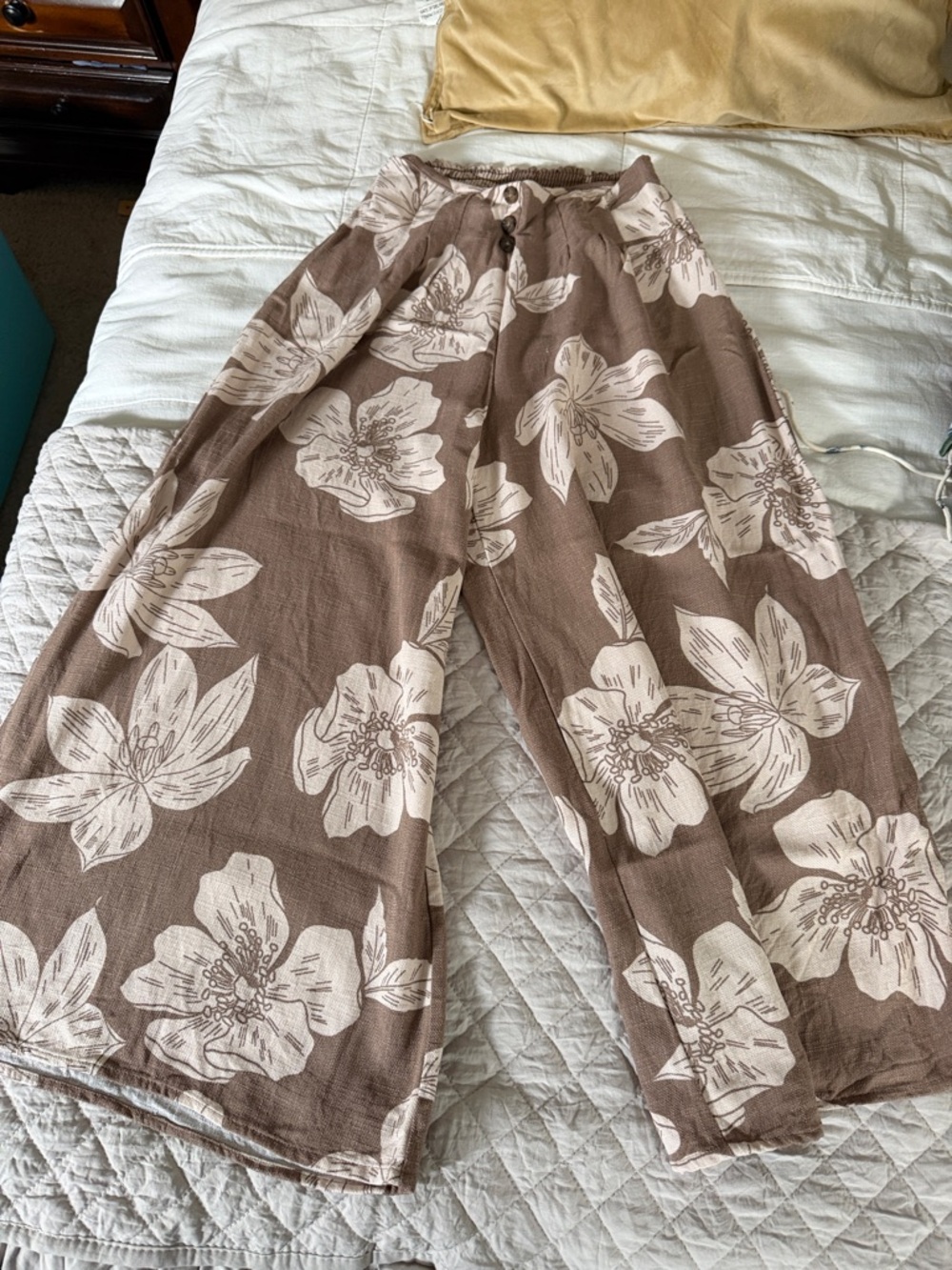 Sienna Sky Brown Wide Leg Floral Pants with Cream Flowers 20% linen